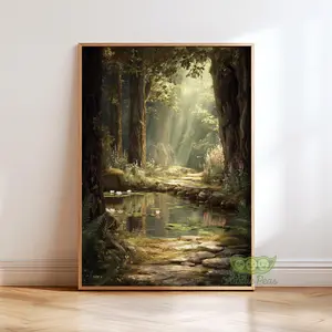 [Sale Up To 30%][UNFRAMED] Enchanted Forest Pond Magical Woodland Poster Cottagecore Wall Art