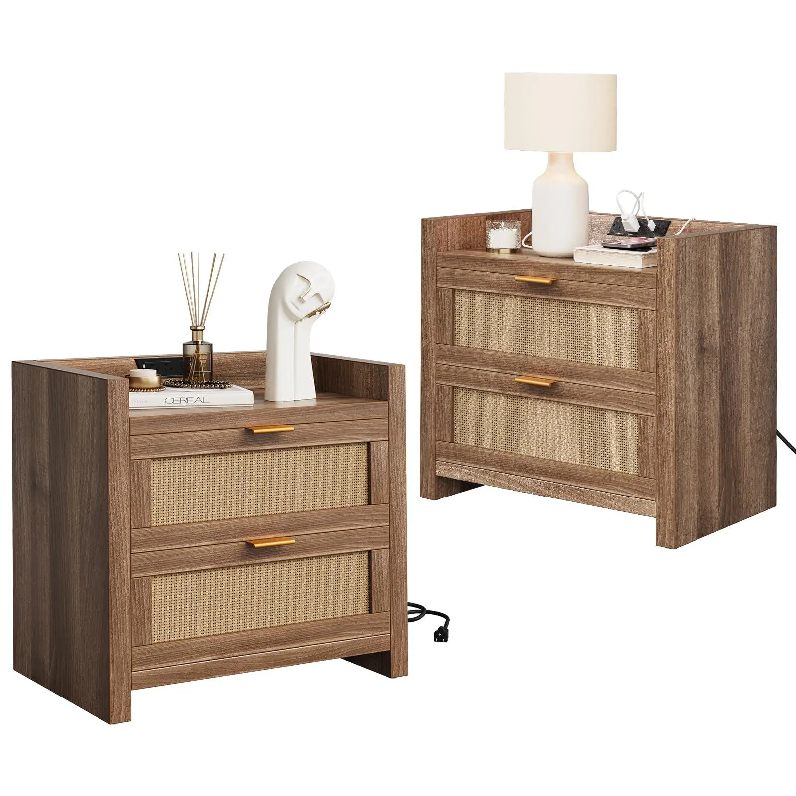2-Piece Rattan Side Tables Set - Modern Furniture Rattan Bedside Table with 1 Type-C Port, Baffle, 2 Decorated Drawers, Storage, ft Pads, MDF Board Bohemian Nightstands for Bedroom