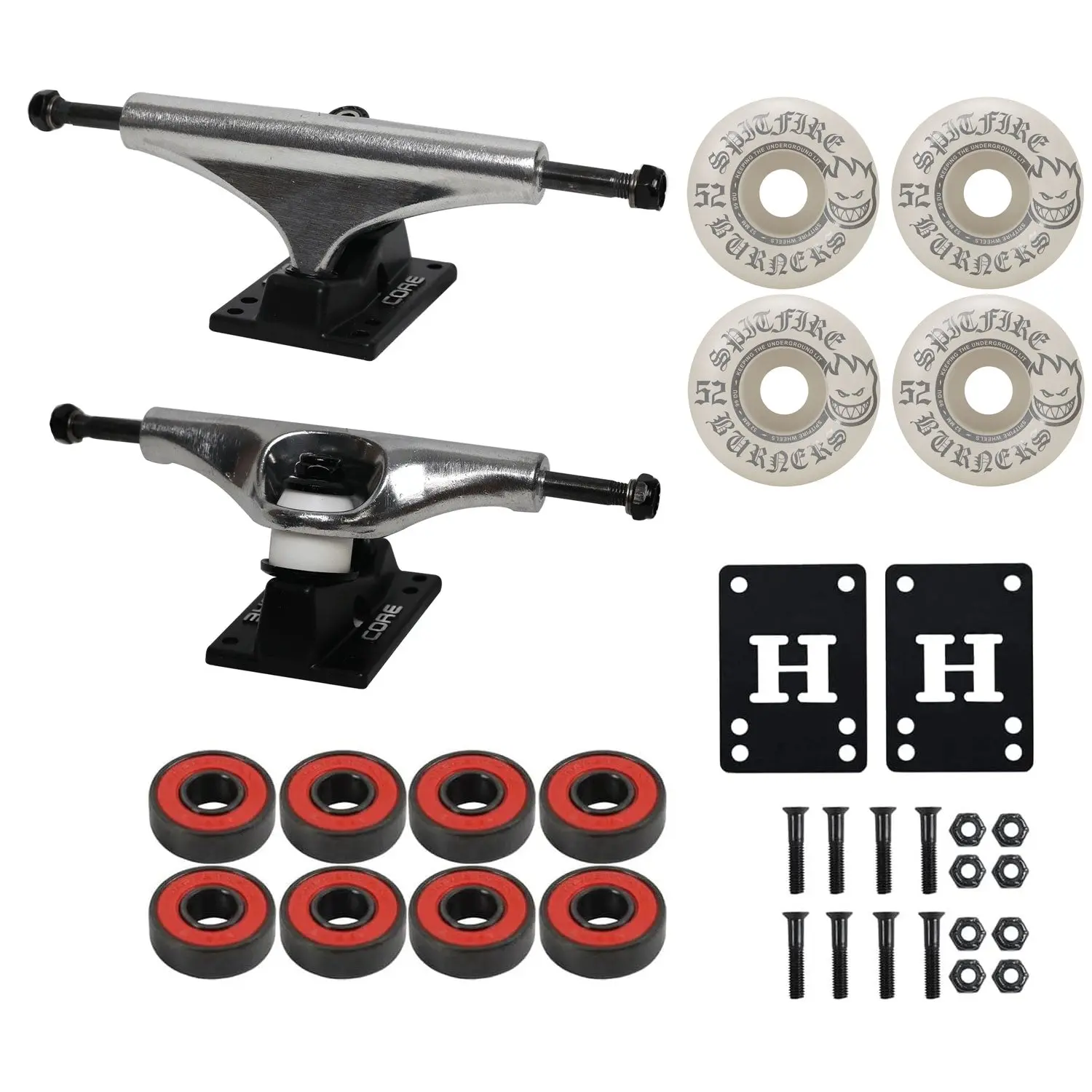 Core Hollow Skateboard Trucks 8.25" + 52mm Spitfire Burners Wheels, Abec 5 Bearings