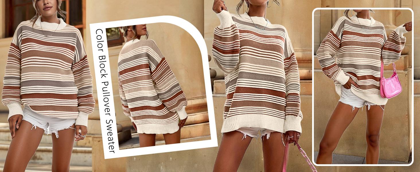 UTCOCO Women's Oversized Rainbow Contrast Striped Long Sleeve Soft Bold Stylish Non-Customized Knit Pullover Sweater, 2026 Fall Winter Casual Tops, Soft Women's Pullovers