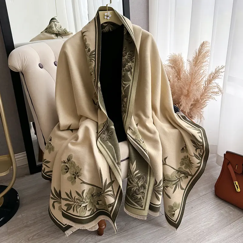 Women's Vintage Floral Scarf, Soft Cashmere-Like Reversible Shawl, Oversized Warm Blanket Scarf Style for Fall Winter, All Season Scarves, Elegant Look, Oversize Cut, Reversible Sides, All Seasons