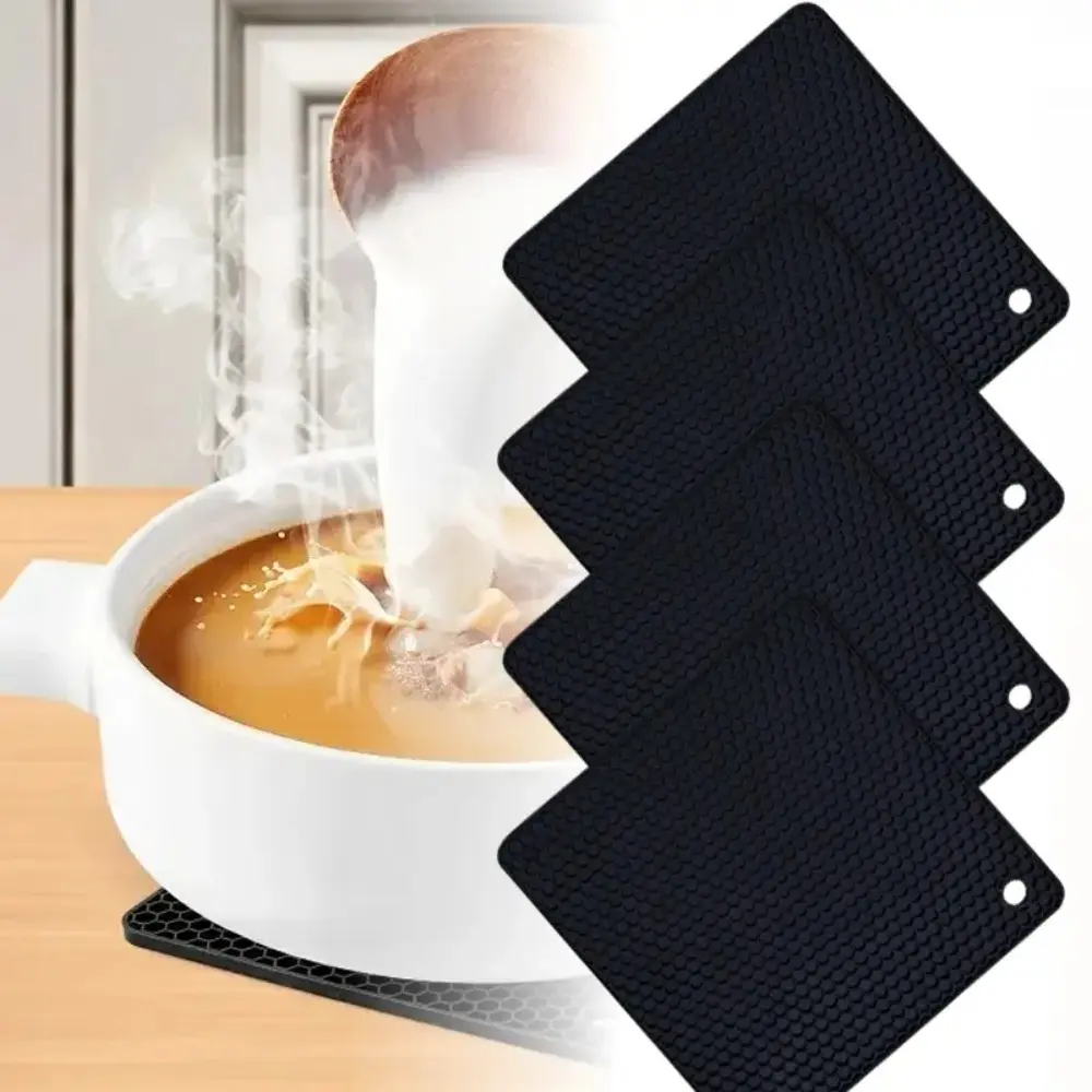 Silicone Trivets Mats Set, Silicone Hot Pads Pot Mat for Countertop, Trivet Pads Heat Resistant, Table Placemats, Square Small Drying Mats, 4 Pack, Black Trivets camping gear