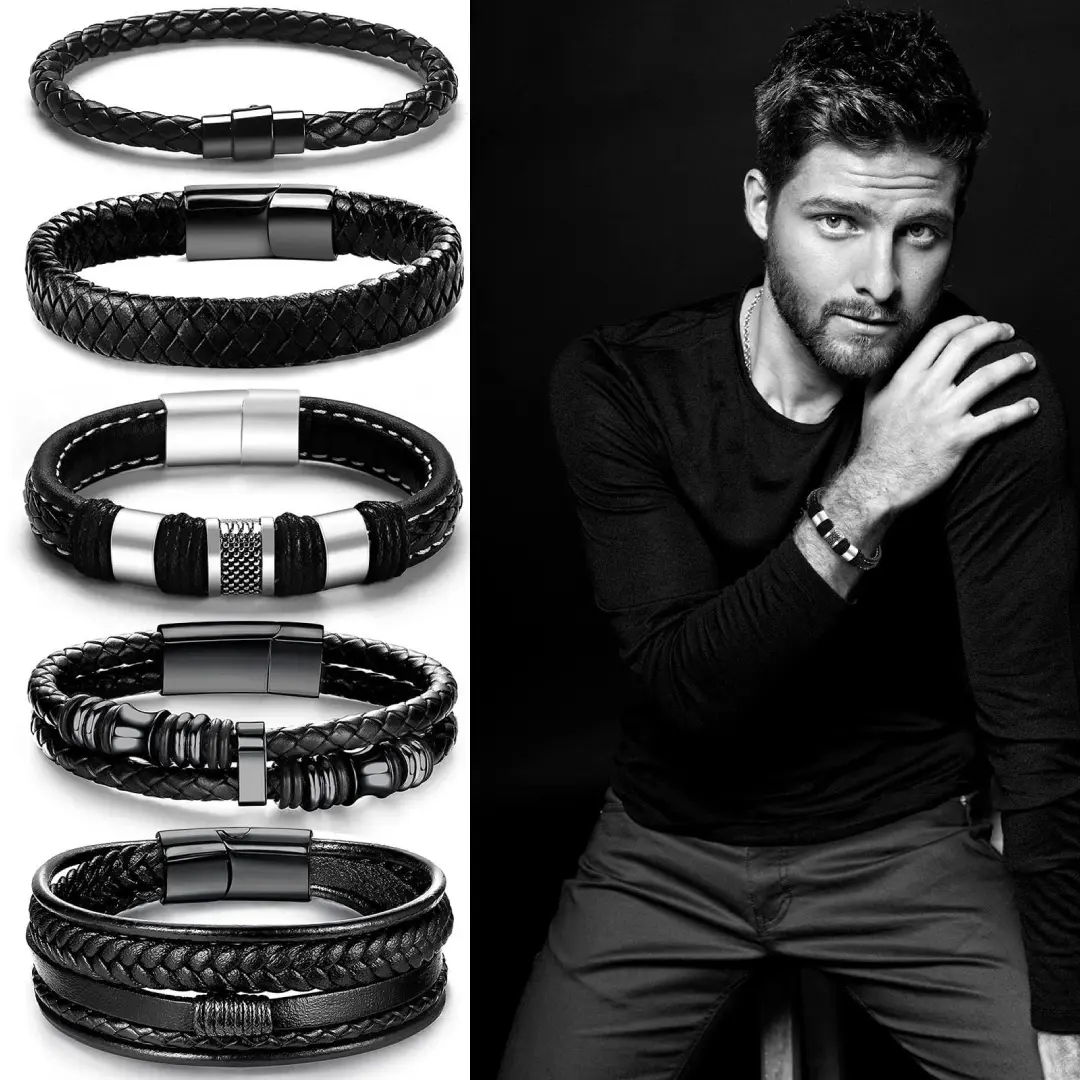 5-Piece Black Leather Bracelets Set, Unisex Woven and Stackable Wristbands with 316L Stainless Steel Clasps, Handmade Daily Wear Fashion Accessory
