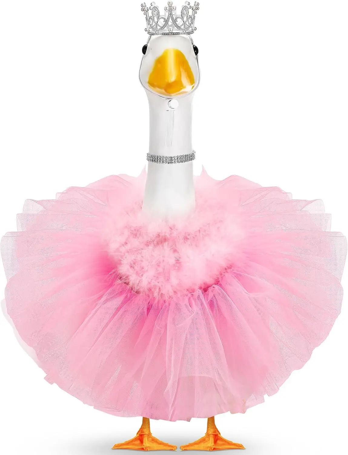 Princess Dress Up Costume for 17in & 23in Cement Lawn Goose - DIY 4-Piece Reusable Fabric & Plastic Porch Outfits, Crown, Necklace, Tutu Skirt, Feather Trim, Rhinestones for Outdoor Garden Decor (Toys & Hobbies Accessory), Costume Use