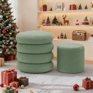 The Four-ring Design Round Ottoman Teddy Velvet Upholstered with Storage for Living Room and Bedroom Set of 2