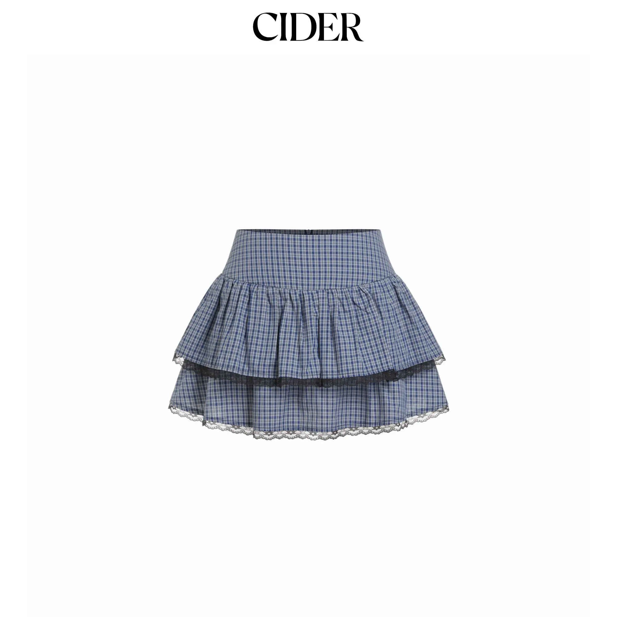 Cider Cotton Mid Rise Lace Panel Gingham Tiered Mini Skirt