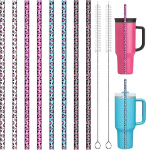 Replacement Leopard Thick Straws for Stanley|Owala|Simple Modern 40oz 30oz 64oz Travel Tumbler Accessories - 8PCS 12 Inch Long Reusable Plastic Dringking Straws for Stanley Adventure Quencher + Brush