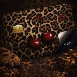 Leopard with cherries Credit Card Skin - Cute Credit Card Sticker | Waterproof Vinyl Card Skin | Aesthetic Card Cover