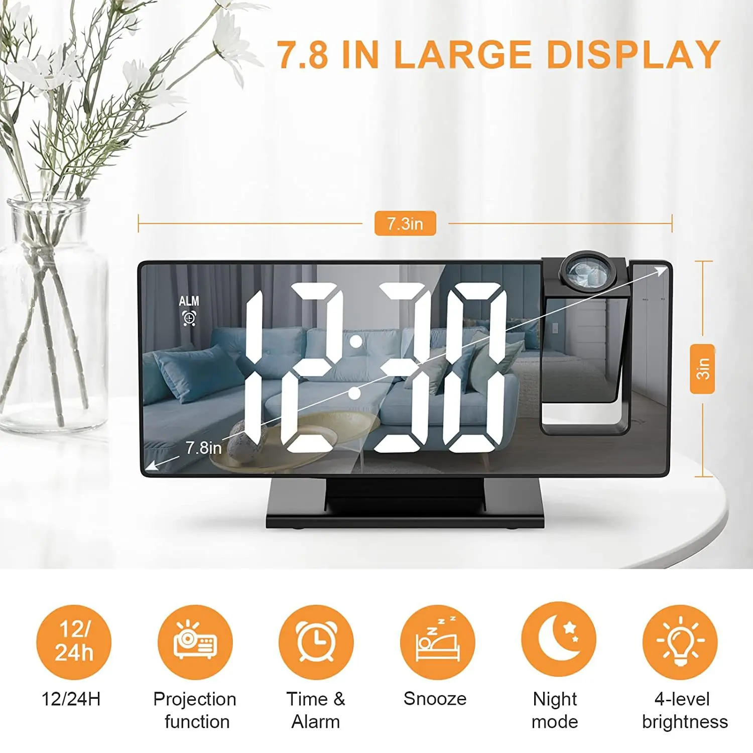 LED Digital Projection Alarm Clock - 7.8in Large Display, 180° Rotatable Projector, Date & Week Display, Adjustable Brightness, Sleep Mode, Voice Control, 12/24H Format, Multifunctional Digital Alarm Clock for Home Decor, Bedroom Timekeeping Items, Digita