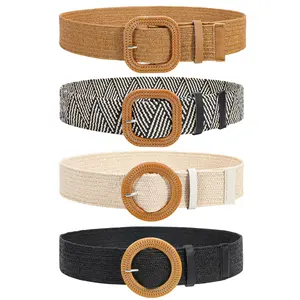 4 Pack Straw Woven Elastic Stretch Waist Belt Fashion Boho Dress Braided Belts for Women