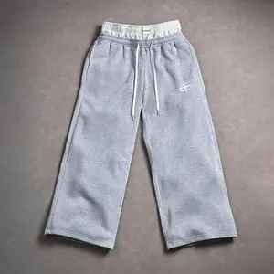 Fashion fake two-piece double waisted sweatpants, color blocked wide leg loose sports pants, straight elastic waistband drawstring casual pants