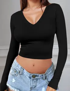 Long Sleeve V Neck Crop Top for Women Soft Workout Shirt Going Out Tops Sexy Slim Fitted Casual Base Layer Lightweight