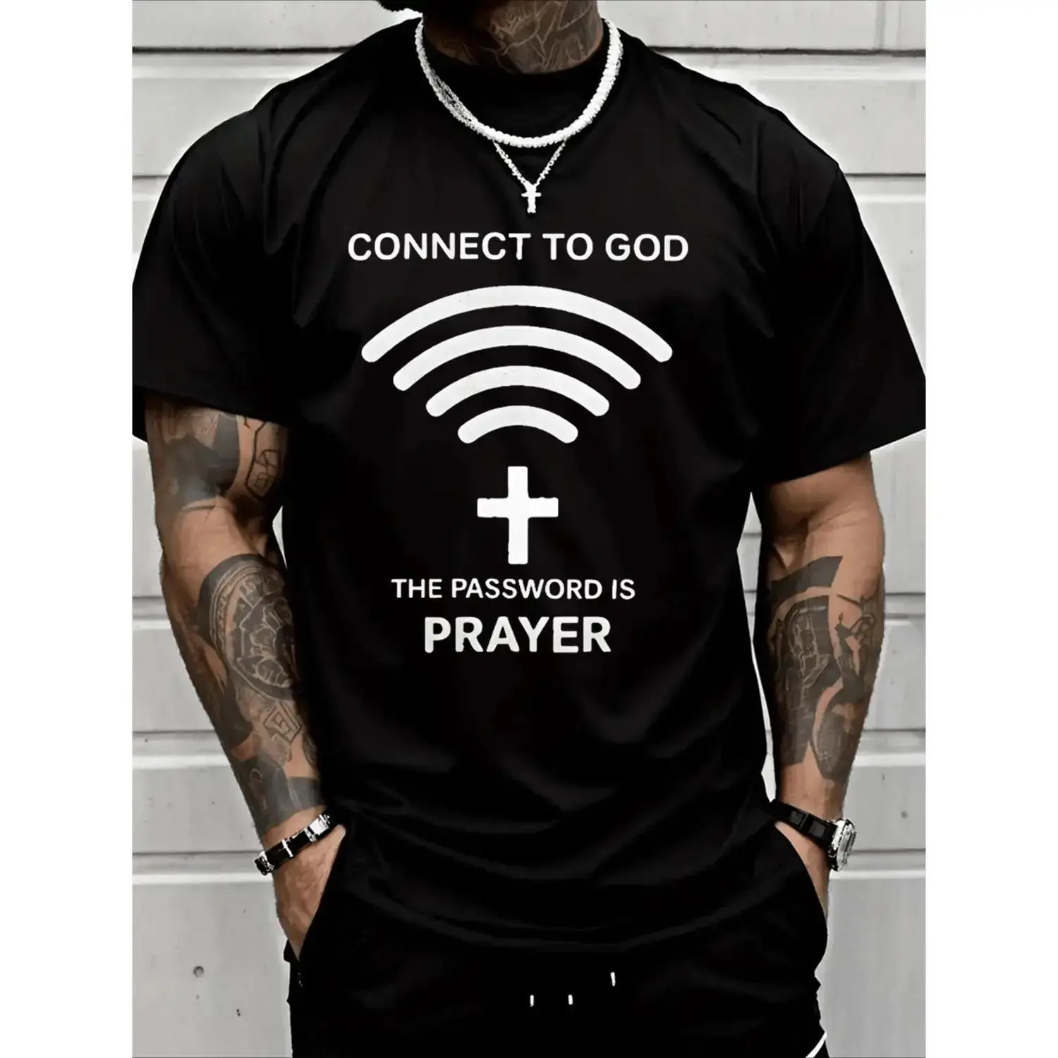 100% Cotton] Modern - Styled T - Shirt Combining Wi - Fi Symbol And Cross With Inspiring Phrases For Devout Wearers T-Shirt For Men And Women