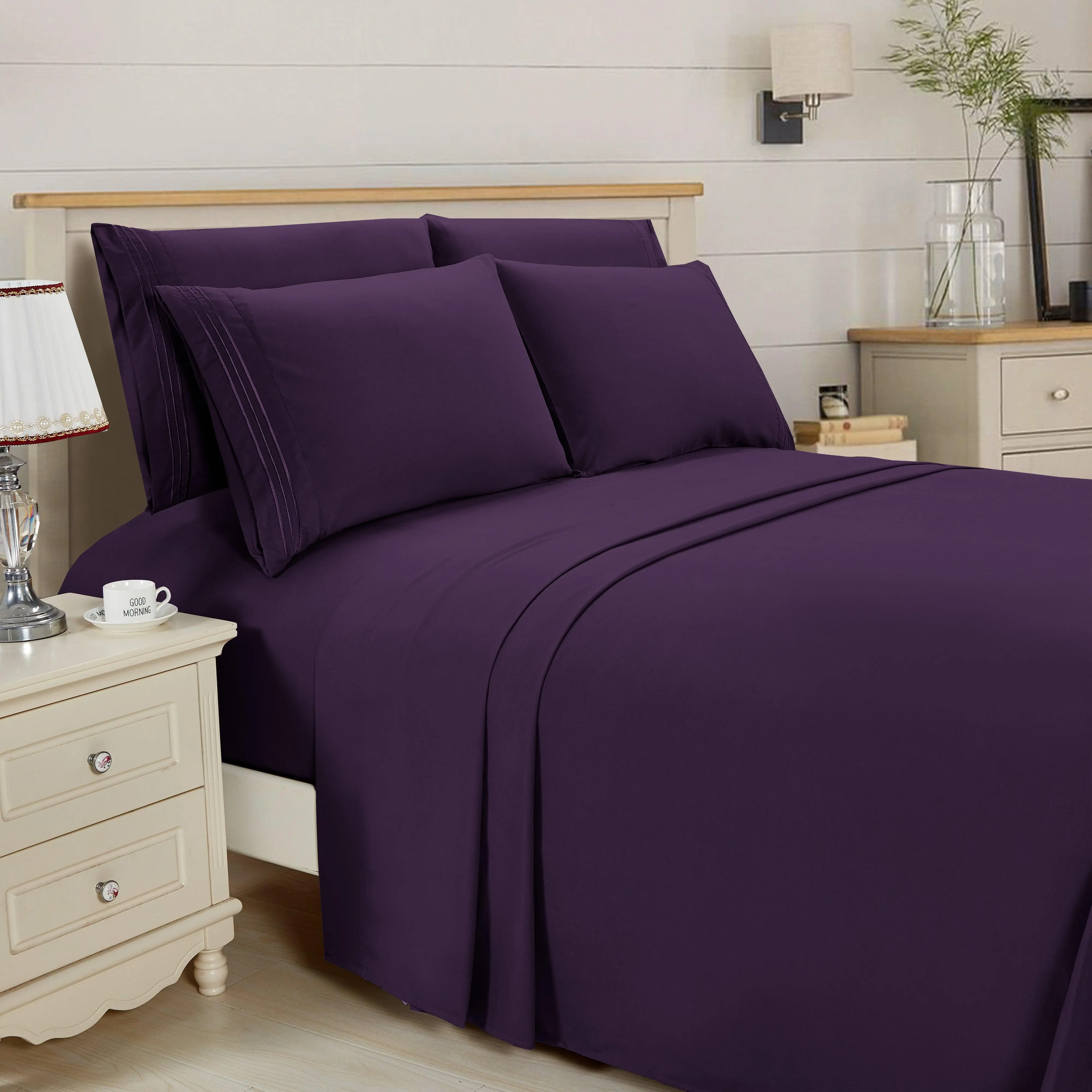 Elegant Comfort 6-Piece Essential 3-Line Embroidery Sheet Set – Ultra Soft Deep Pocket Hotel-Quality Microfiber Bedding