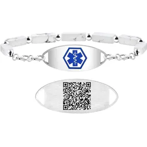 Dynamic QR Code Medical Alert Bracelet with Rectangle Stone Beads, Pink Red Black White Stones, Stainless Steel Medical ID Bracelet, Double Lobster Clasp, No Engraving Required