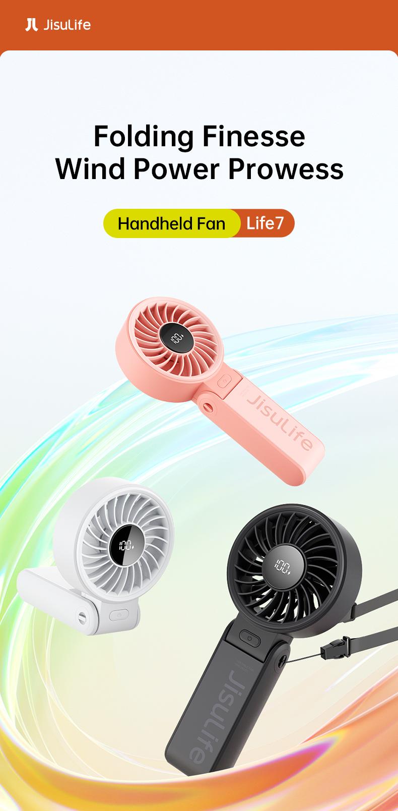 JISULIFE Portable Folded Fan 5000mAh 5 Gears Strong Wind 19.5H Cooling 3-IN-1 Hand Desk Neck Fan for Travel Concert Summer Essentials