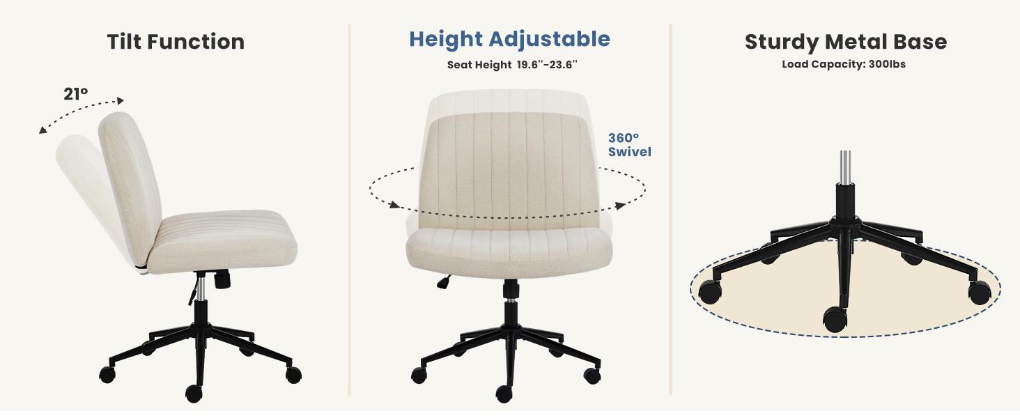 Height Adjustable Criss Cross Chair with Wheels  - Armless Desk Chair Cross Legged Office Chair Wide Swivel Home Office Desk Chairs