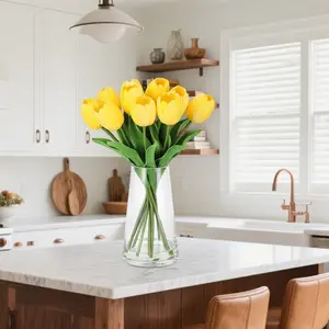 GAOMON Tulips Artificial Flowers in Glass Vase,Real Touch Fake Tulips with Faux Water for Home Decor,Dining Table Centerpiece (Yellow)