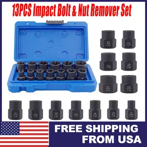 Impact Bolt Extractor Set Cr-Mo Steel Stripped Nut Remover Kit Fluted Spiral Design Drive Reverse Thread for Automotive Repair Machinery Maintenance SAE & Metric Sizes Hand Tools Hardware Heavy Duty