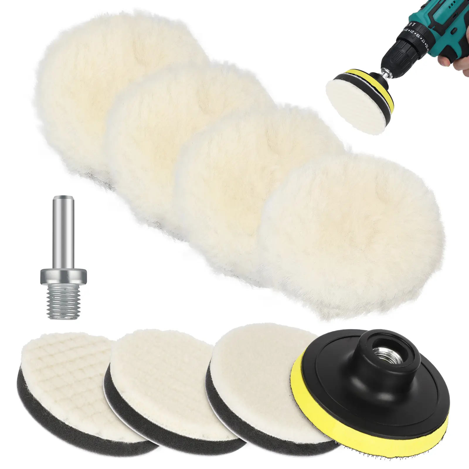 NSI 9Pcs 3in Wool Polishing Buffing Pad Kit for Drill - Automotive Tools with M10 Drill Adapter, Hook and Loop Back, for Car, Furniture