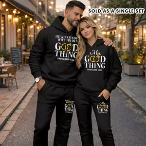 Couple's “Good Thing” Proverbs Print Hoodie and Sweatpants Set (Sold as a Single Set), Casual Sportswear, Long-Sleeve Hooded Jacket and Pants, Suitable for Autumn, Winter, and Spring, Everyday Wear, Tracksuit