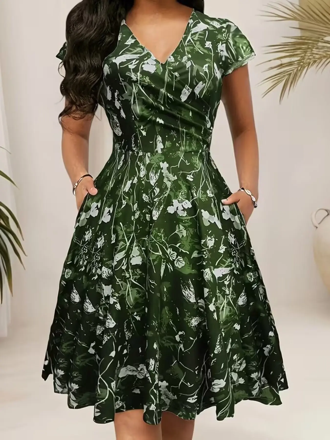 Elegant Floral Abstract Geometric Print V-Neck Midi Dress, Pocket Design, Casual Daily Wear, Spring & Fall Fashion, Fitted Style, Chic Womenswear, Lady, Vneck, Boho Pocket Dress, Bohemian Aesthetic, Casual Dresses