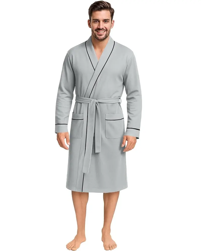 NY Threads Menswear Comfy Long-Sleeve Heather Grey Cotton Blend Fabric Bathrobe - Soft Knit Men's Loungewear Sleepwear with Pockets, Men's Robes, V-Neck, Adjustable Belt, Double Stitch, Stylish