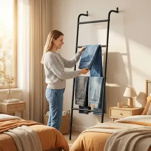 SUOERNUO 4-Layer Towel Racks Blanket Ladder Wall-Leaning Metal Organizer Durable Stable Space-Saving Storage Shelf for Bathroom Living Room Decor