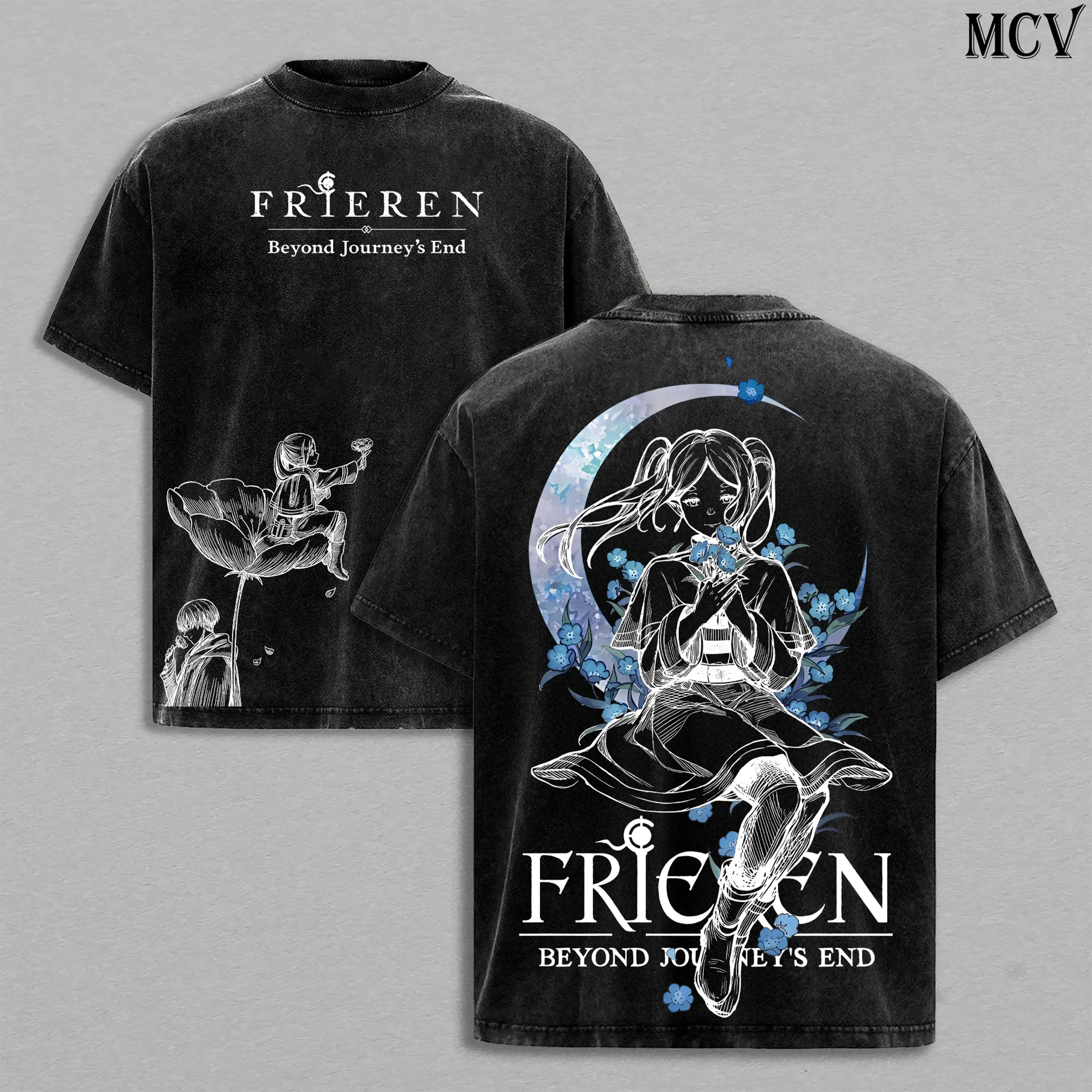 Frieren Beyond Journey’s End Tee & Hoodie Washed, Vintage Washed Heavy Cotton Oversized Anime Manga Hoodie T-Shirt Set, Retro Unisex Streetwear Graphic Top, Fantasy Healing Journey Edition, Japanese Anime Merch