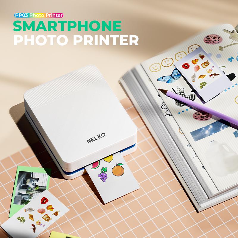 Nelko PP03 Instant Smartphone Photo Printer with 100 Photo Papers Portable Mini Color Wireless Mobile Printer Bluetooth Compatible iOS & Android Devices Fun Editing App, perfect as a gift for Valentine's Day Gift.