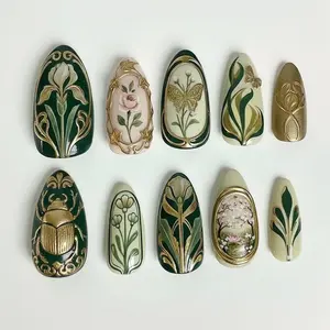 Handmade Art Nouveau Emerald Press On Nails | Gold Scarab & Butterfly Art | Dark Academia Almond Set