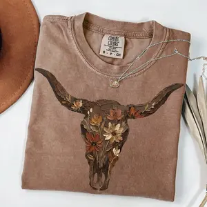Comfort Colors Brushstroke Floral Western Cow Skull T-shirt, Cowboy Graphics Shirt, Punchy, Western Graphics, Flower Cowgirl Shirt