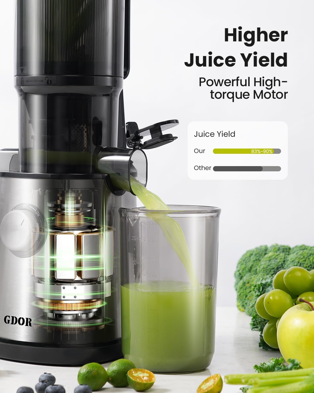 GDOR Cold Press Juicer with 5.3" Wide Feed Chute 150NM Powerful Motor Slow Masticating Extractor High Juice Yield Easy to Clean Fits Whole Fruits & Vegetables Black