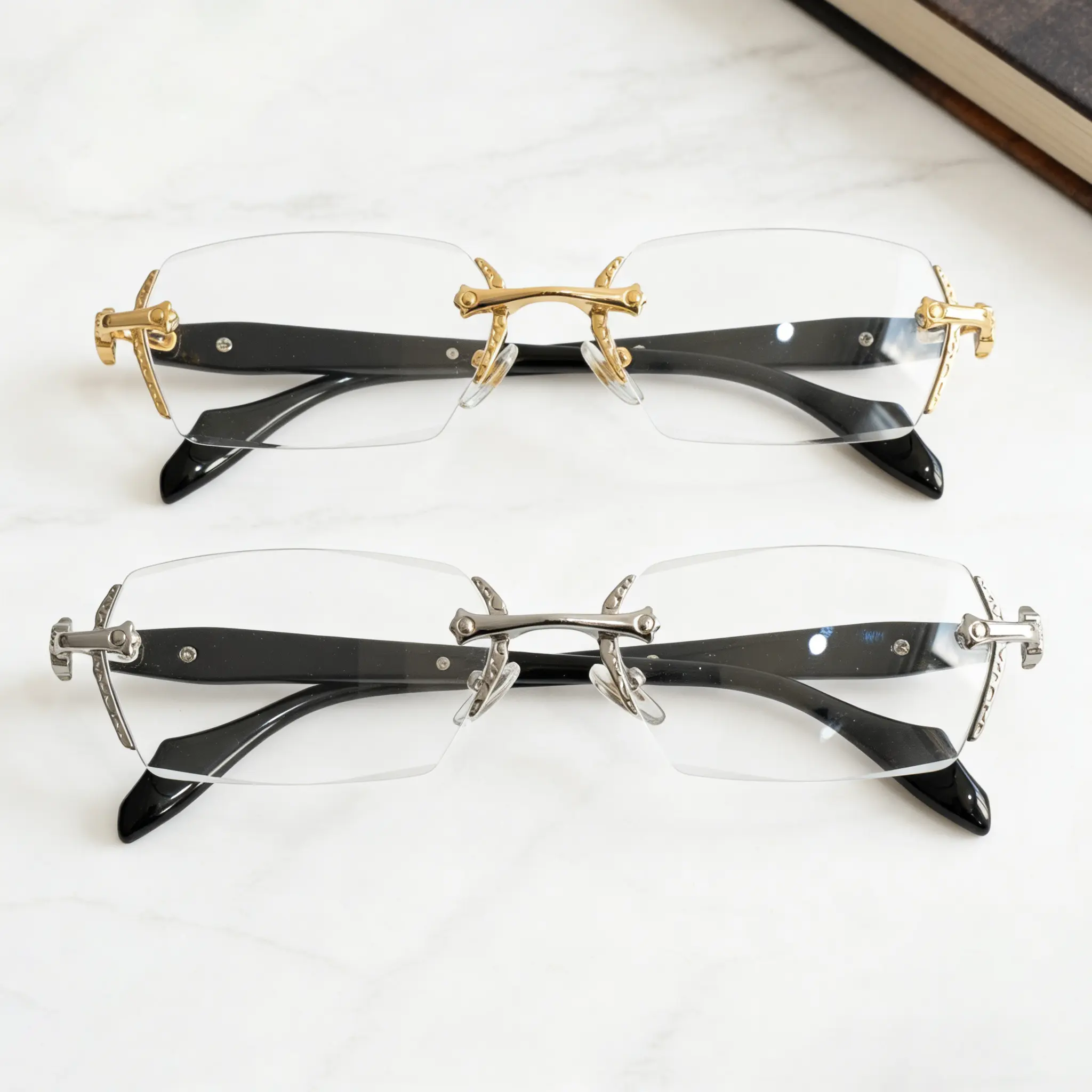 [ Gold and Silver ] Frameless Reading Glasses with Clear Lenses, Non-prescription glasses, Diamond-Cut Edges & Metal Temple Decoration, HD Vision for Reading and Computer Use, Unisex Eyewear for Women and Men