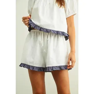 Coastal Breeze Ruffle Hem Linen Shorts - White/Blue
