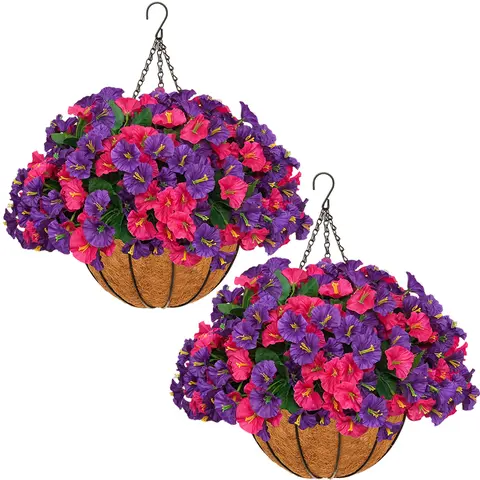 2-Pack UV-Resistant Hanging Planters & Baskets with Artificial Silky Morning Glory Flowers - 2-pc Porch Styling, Realistic Blooms, Porch-to-Garden Fit, Outdoor Home Improvement Decor,techvibes