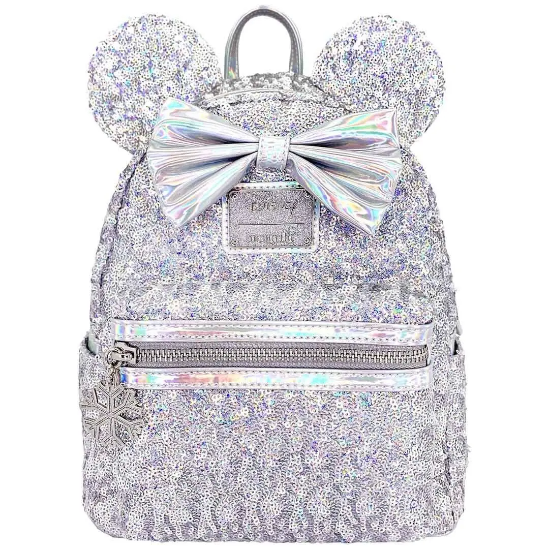 Loungefly Disney Minnie Mouse Silver Holographic Sequin Mini Backpack with 3D Ears and Bow, Adjustable for Casual Travel, Adjustable Backpack, Casual Travel Backpack