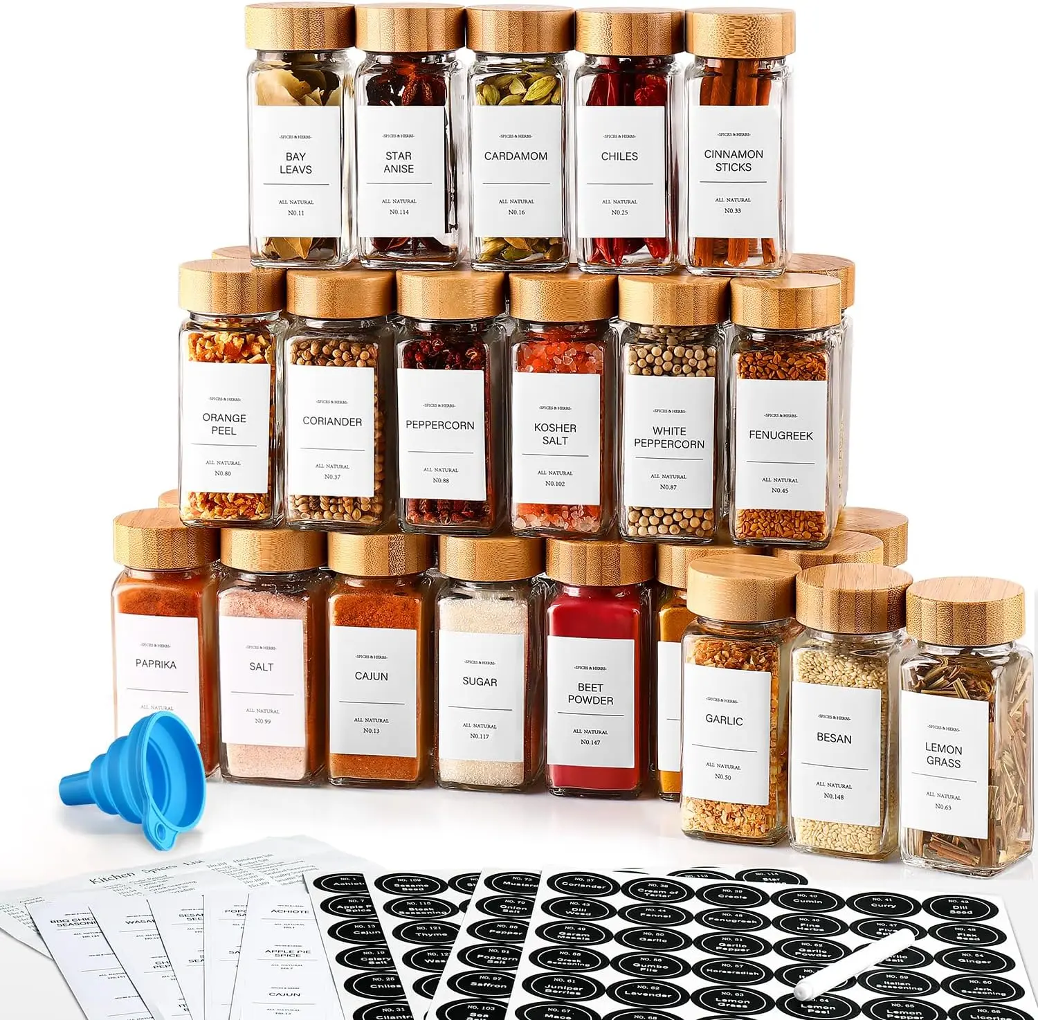 DWTS DANWEITESI 36 Pcs glass spice jars with bamboo lids, clear containers, 4 oz Glass Jars with Spice Labels Stickers, Collapsible Funnel, Seasoning Storage Bottles for Spice Rack, Cabinet, Drawer Kitchen Set