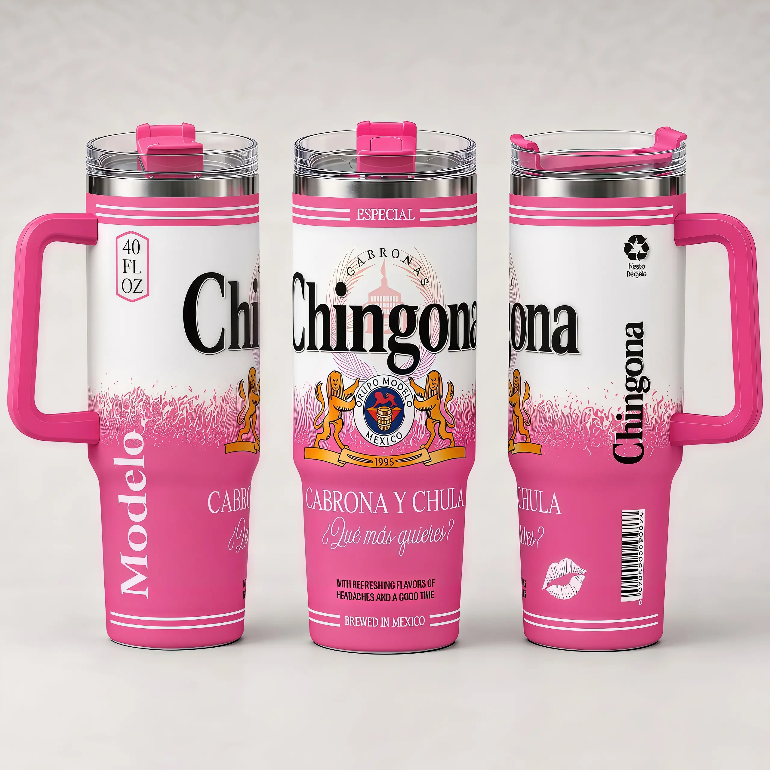 40oz BPA-Free Reusable Stainless Steel Vacuum-Insulated Flask Tumbler with Handle, Insulation, Sweat-Free Exterior Protects Desks, Leak-Proof Anti-Scalding Hot Pink Mexican Lid, Straw/Sip Port, Car Cup Holder Fit, Gift for Adult Latinas (Coffee, Iced Tea)