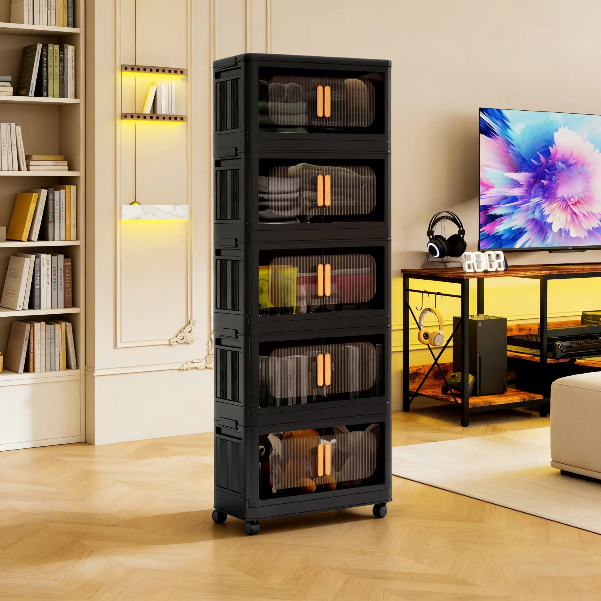 Five-tier stackable transparent plastic storage cabinet; multi-layer combination wardrobe/storage unit; bedroom nightstand alternative; thickened, durable, odor-free design for storing clothes and miscellaneous items; suitable for apartments and dorms
