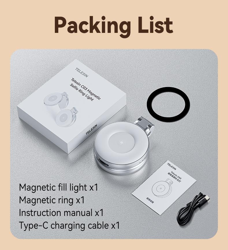 TELESIN 3 Color Temperatures Magnetic Mirror Selfie Light 360° LED Ring Light with MagSafe, Mirror and Phone Stand, Portable Rechargeable Light,for Makeup, Live Streaming, Video,Compatible with iPhone 17/all series, Samsung,Android,Mother's Day Gifts