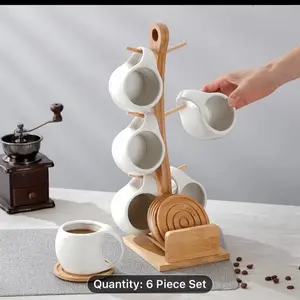 Tawsbear, 6pcs Ceramic Coffee Cups, Equipped with Wooden Coasters And Cup Holders, Suitable for Latte, Cappuccino, Espresso Mugs, Tea Cups - Perfect Choice for Home, Office, Coffee Shop Use, Holiday Gifts, Birthday Gifts, 200ml/6.8oz