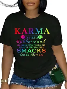 Karma Letter Print T-Shirt 100% Cotton Soft Short Sleeve Crew Neck Top for Women Relaxed Fit Casual Summer Wear Breathable Fabric Easy Care