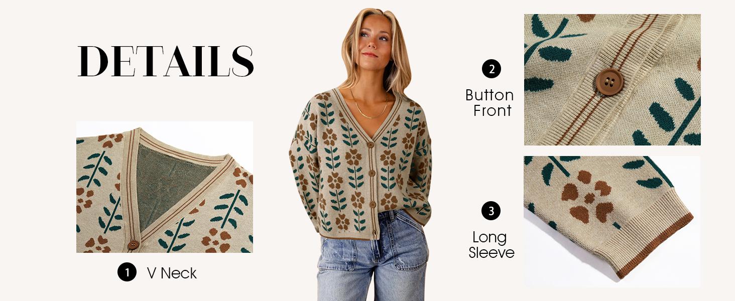 Imily Bela Womens Floral Print V Neck Cardigan Open Front Button Down Knit Sweater Long Sleeve Loose Fashion Tops