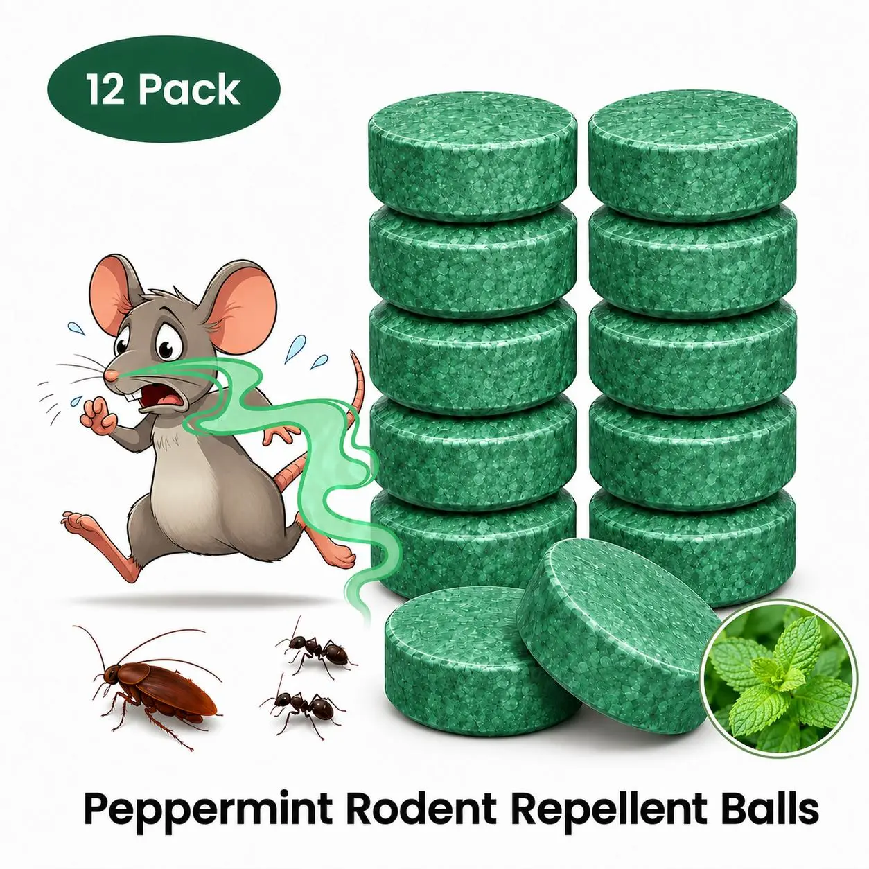 12-Pack Natural Peppermint Oil Home Pest Control Repellents - Fast-Acting, Eco-Friendly, Cost-Effective, User-Friendly, Long-Wearing Multi-Insect Formula for Garage/Closet (Mouse Rat Deterrent)