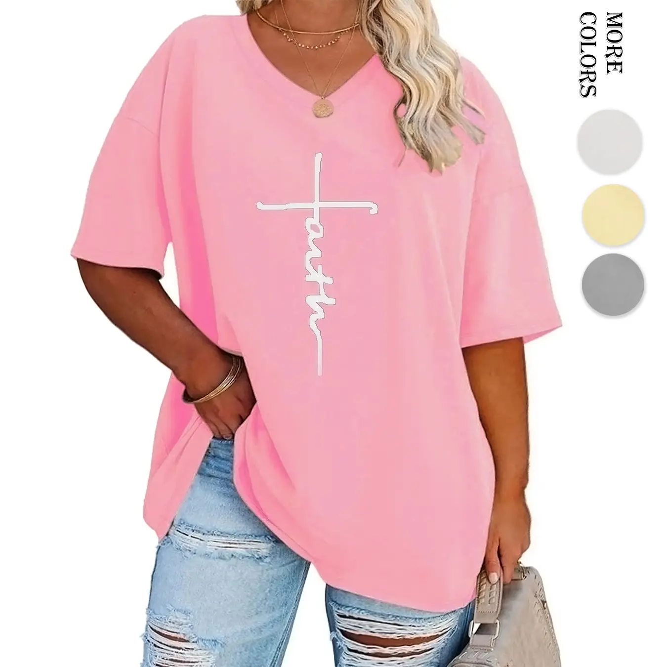 Skoinvb Plus Size Women's Loose V-Neck Short Sleeve T-Shirt, Casual Drop Shoulder Faith Graphic Tee