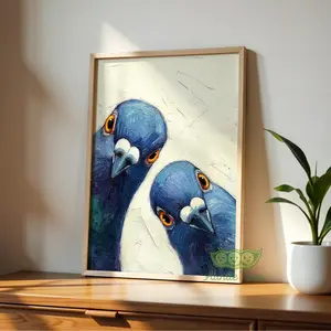 Whimsical Pigeons Art, Mid Century Retro Bird Poster, Funny Animal Wall Art, Quirky Home Decor for Kitchen