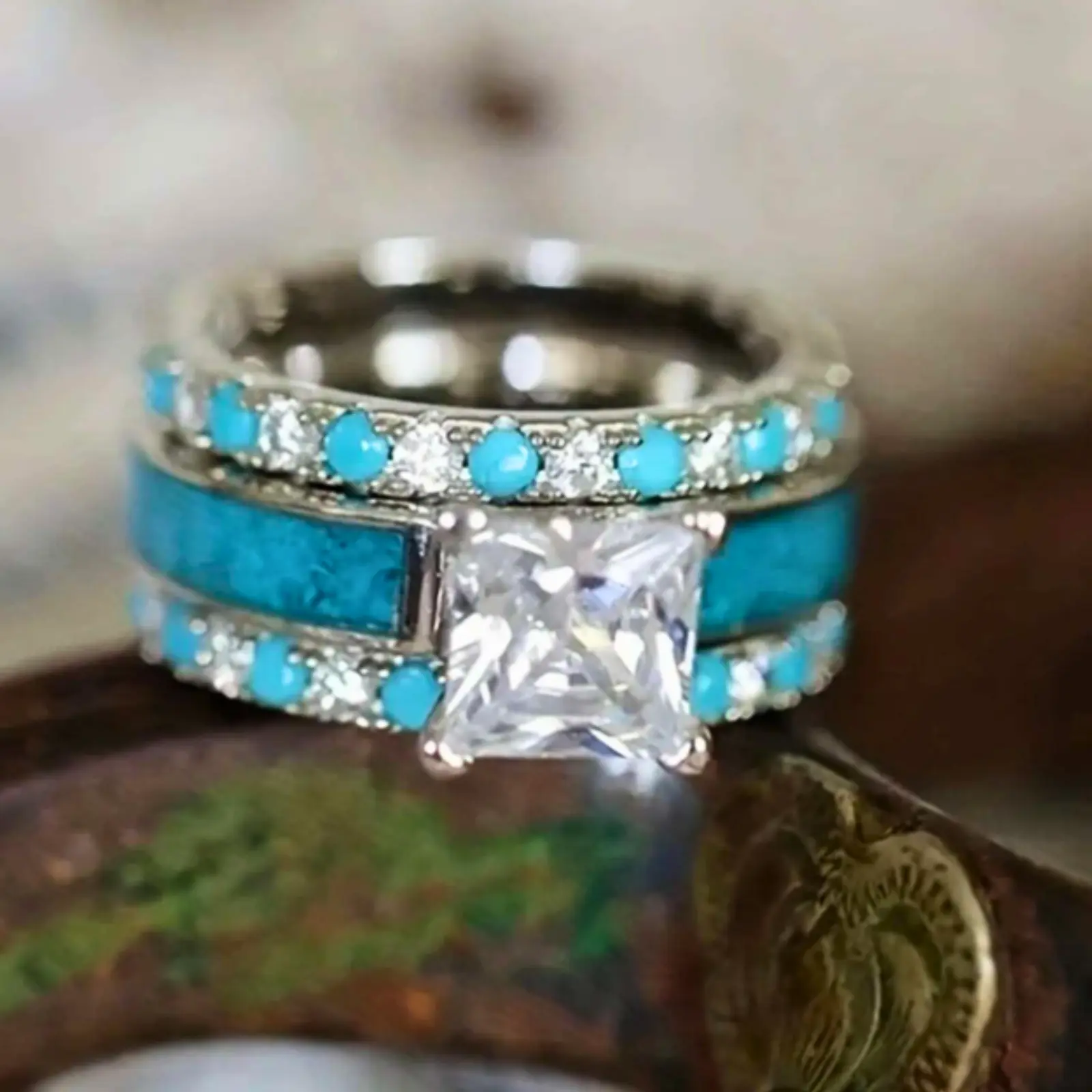 Imessive style engagement and wedding rings with turquoise stone for women, suitable for daily wear, engagement, wedding, couple jewelry accessories