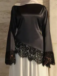 Lace Trim Satin Tie Back Blouse One Size Comfortable Women's Top #MS624