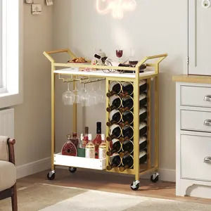 MAHANCRIS Bar Cart with Wine Rack and Glass Holder, 2-Tier Rolling Serving Cart for Kitchen, Party, Living Room, Holds 12 Bottles and 6 Glasses, Lockable Wheels, Gold and Marble White #SpringSale #BigSpringSale